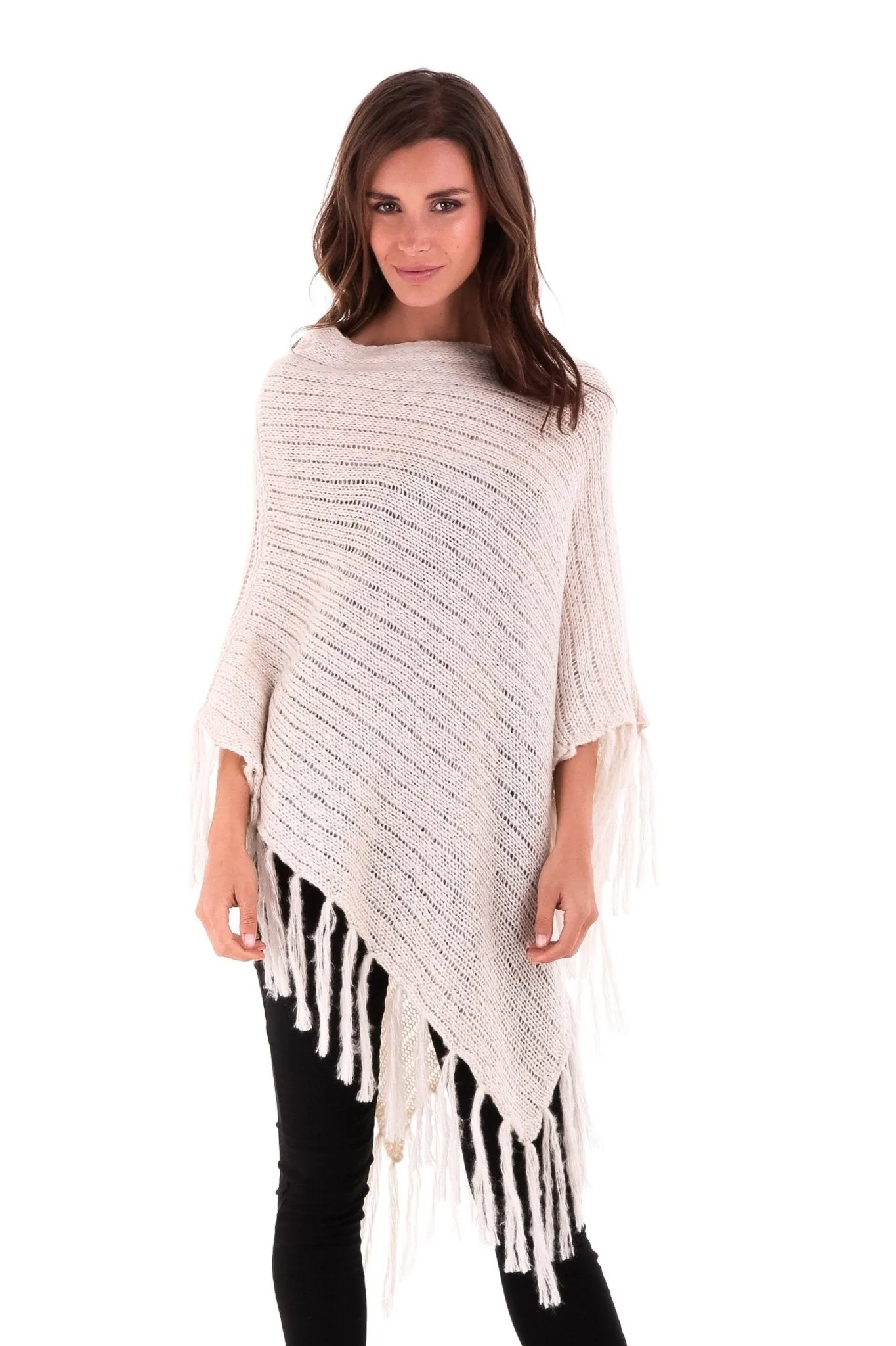 SHU-SHI Women's Cable Knit Poncho Sweater Cape | Boho Casual Soft Pullover with Fringe