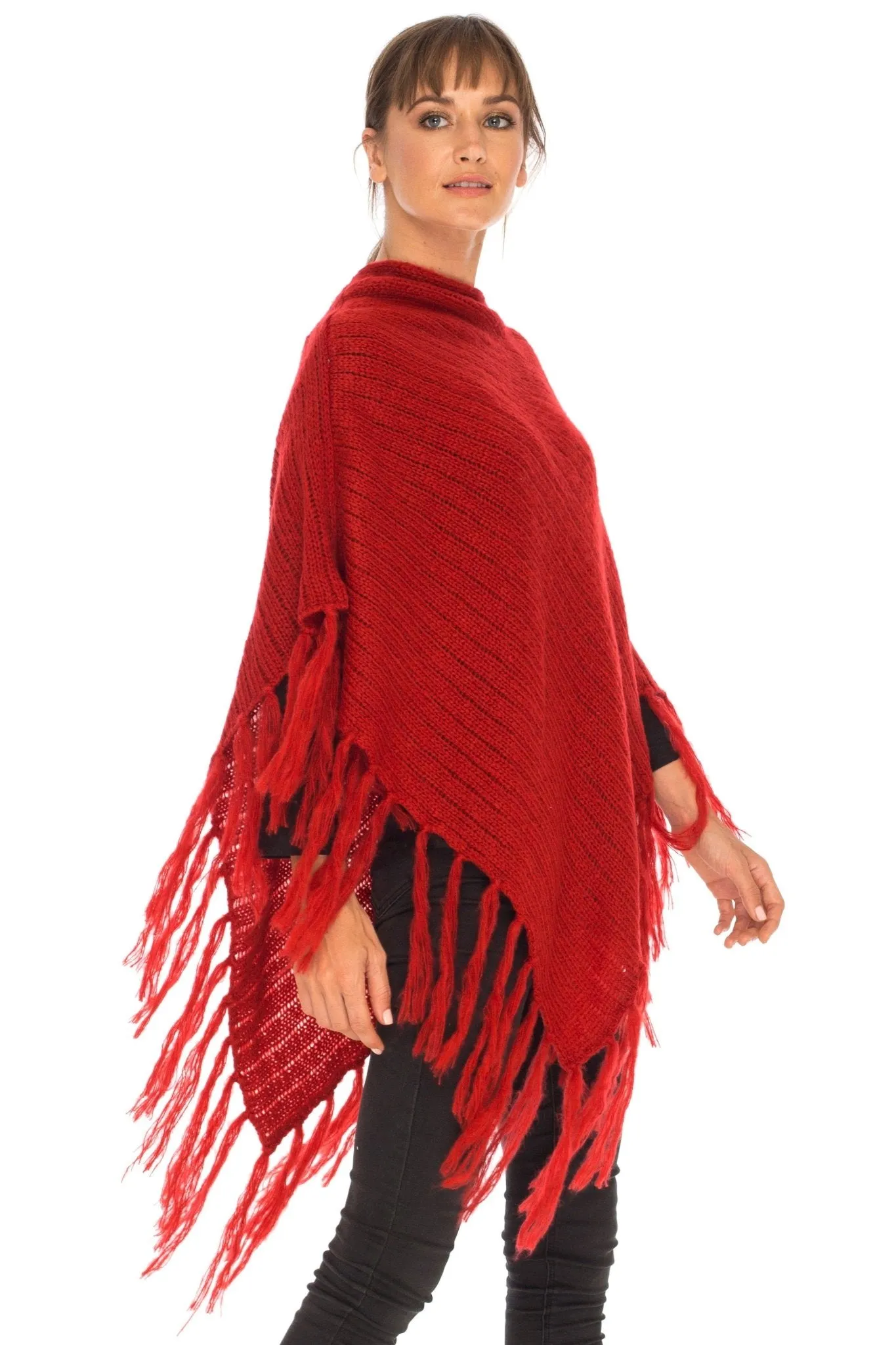 SHU-SHI Women's Cable Knit Poncho Sweater Cape | Boho Casual Soft Pullover with Fringe