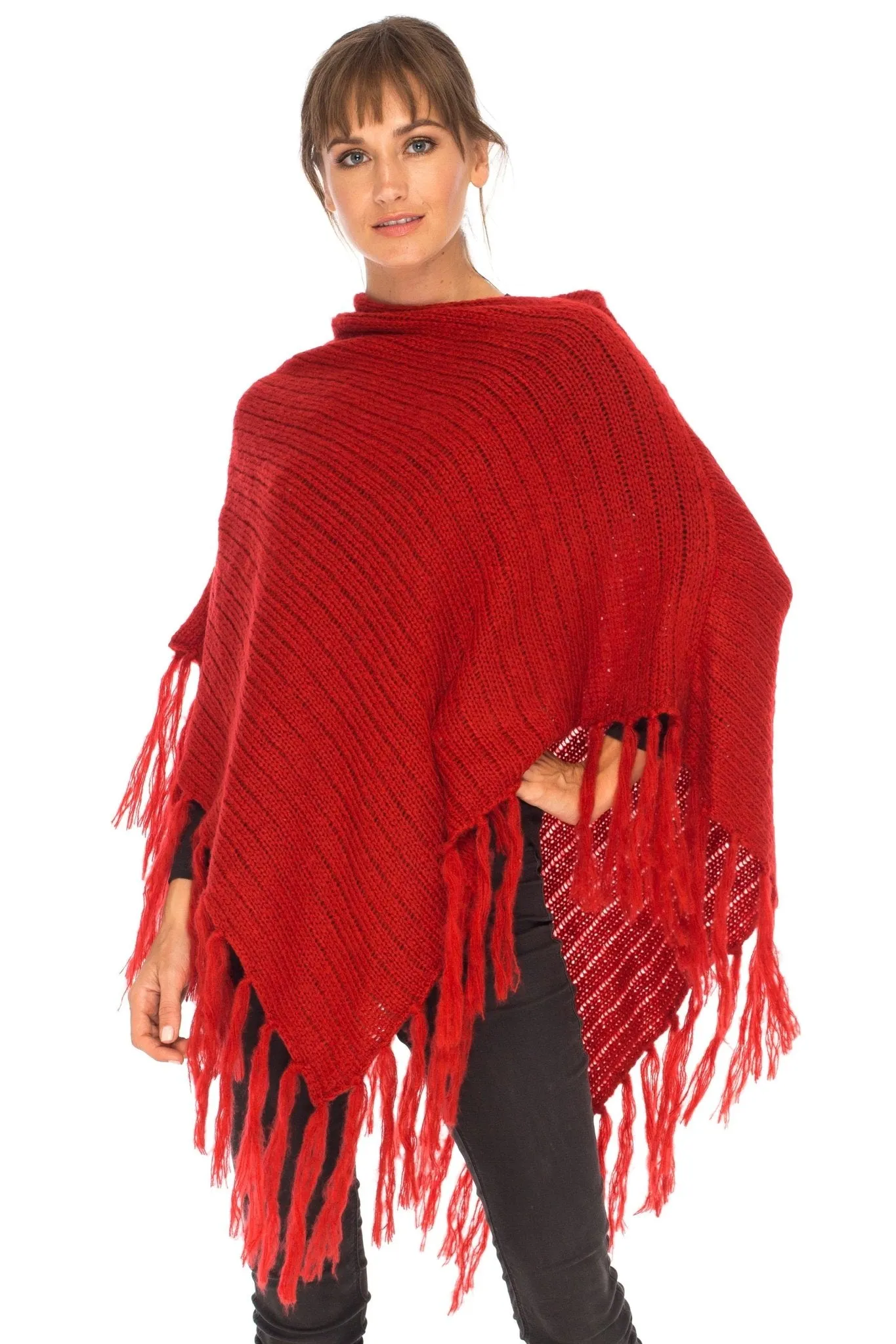 SHU-SHI Women's Cable Knit Poncho Sweater Cape | Boho Casual Soft Pullover with Fringe