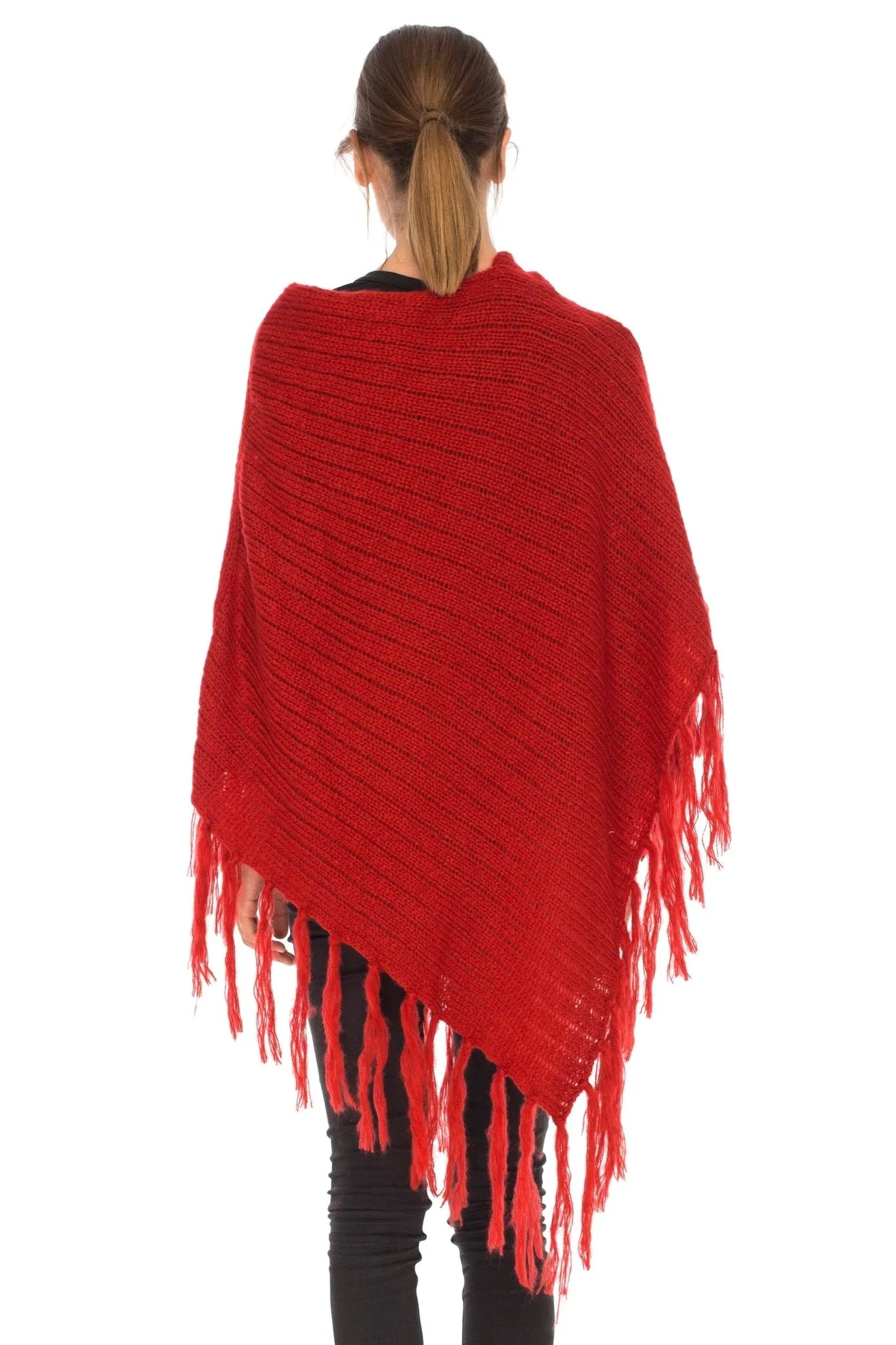 SHU-SHI Women's Cable Knit Poncho Sweater Cape | Boho Casual Soft Pullover with Fringe