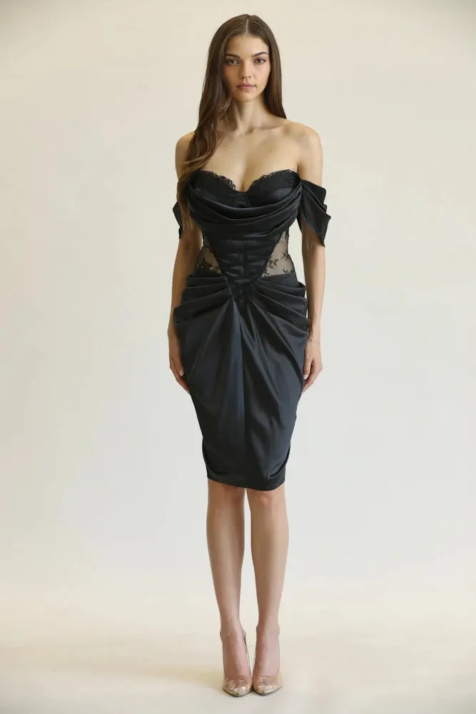 Silk Black Pleated Draped Dress