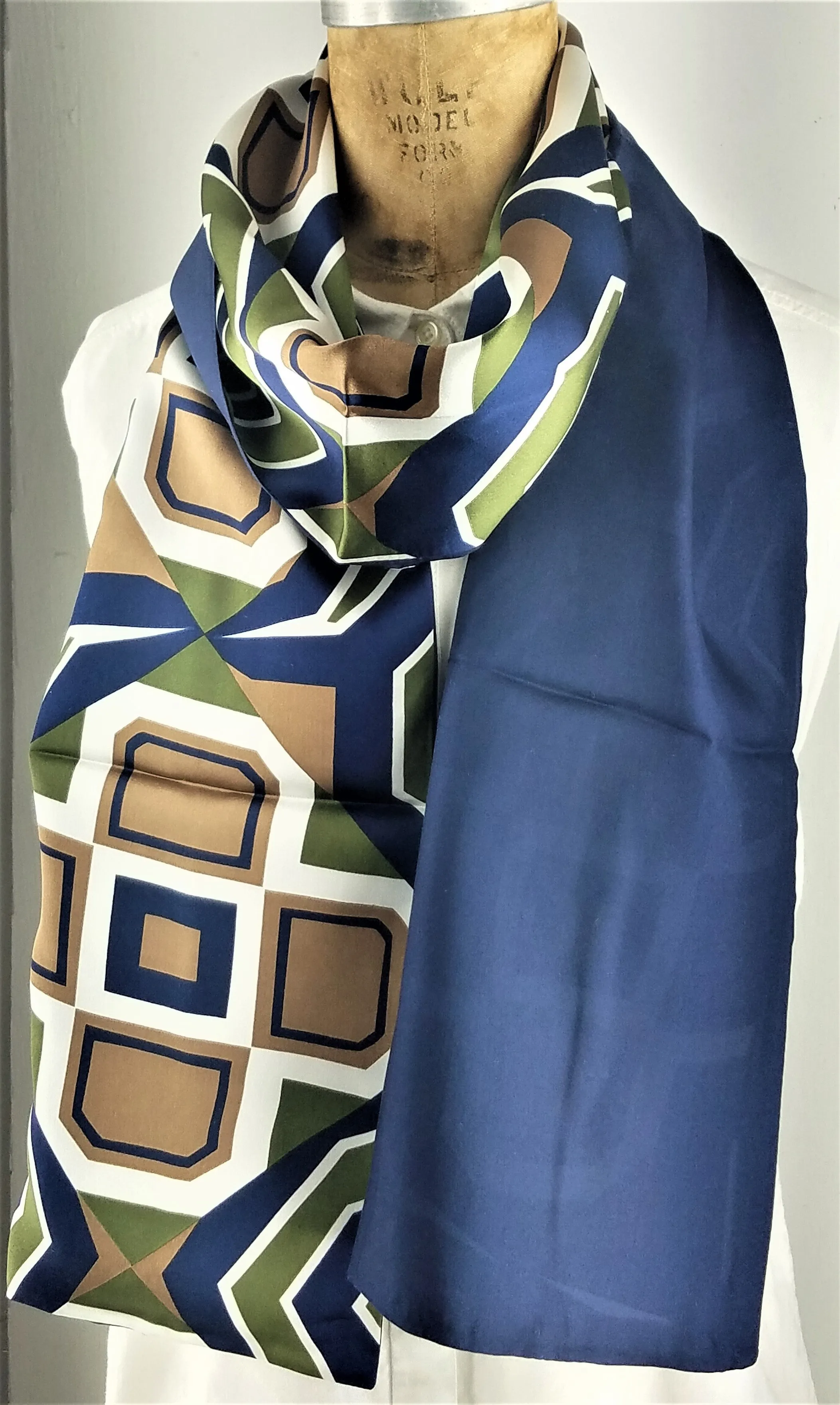 Silk Green, Navy, and Brown Art Deco Pattern Scarf with a Navy Blue Back