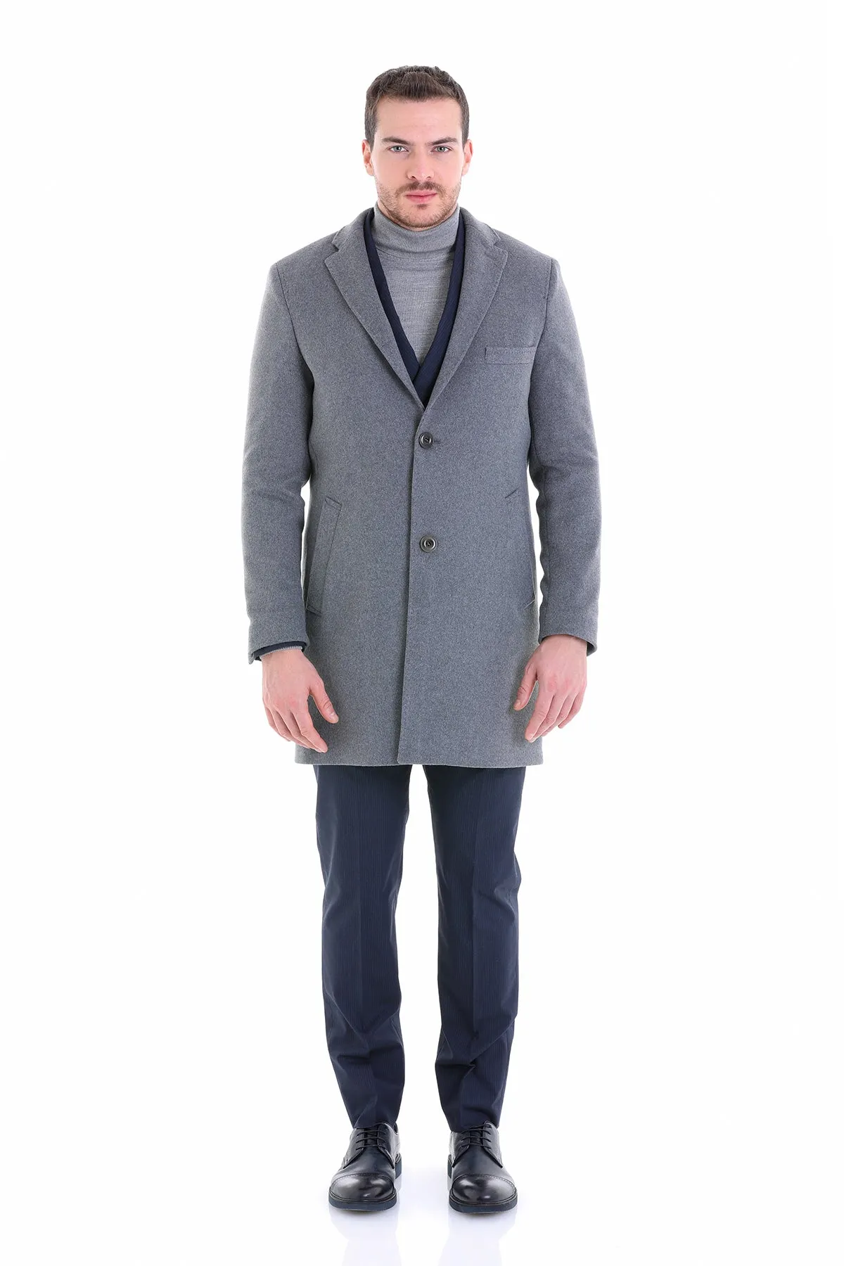 Slim Fit Cachet Notch Lapel Gray Wool Blend Overcoat