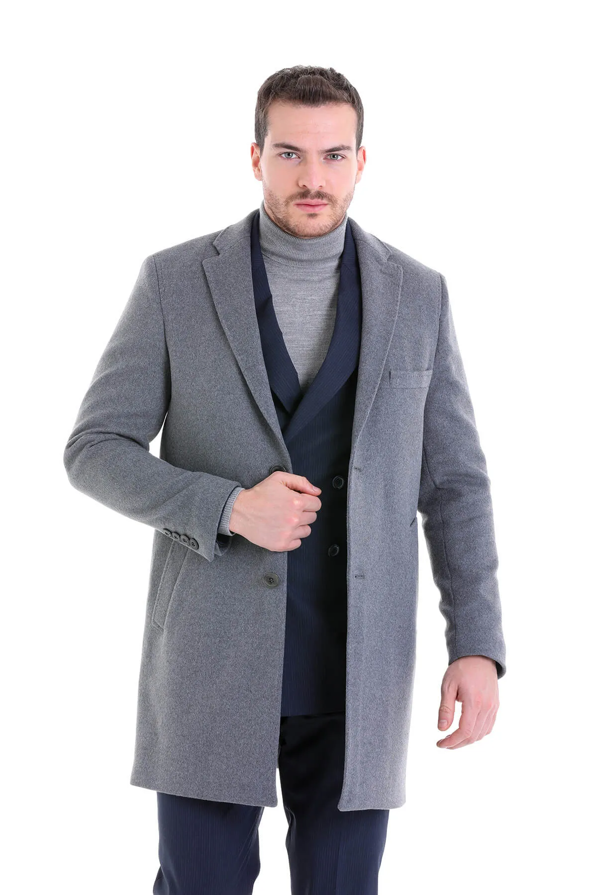 Slim Fit Cachet Notch Lapel Gray Wool Blend Overcoat