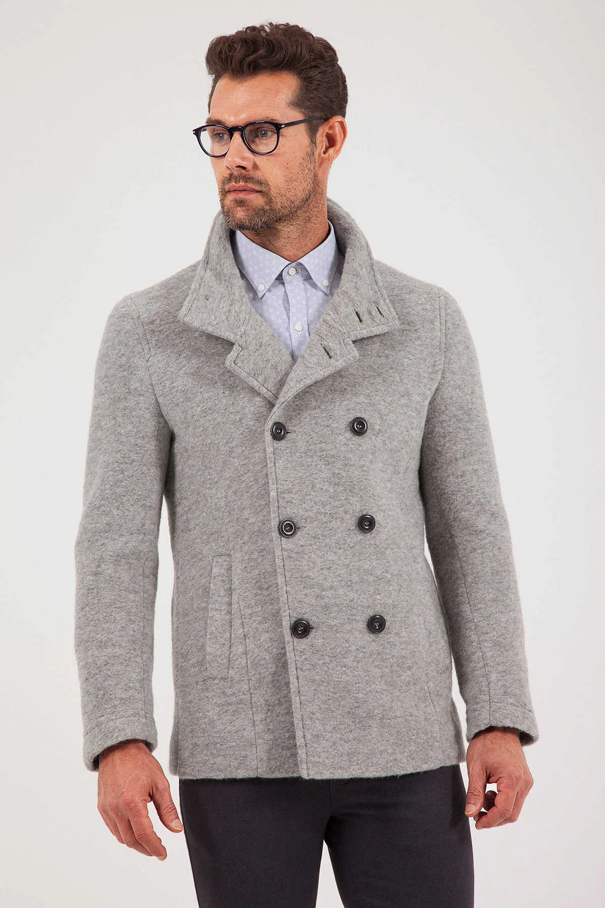 Slim Fit Notch Lapel Alpine Wool Gray Overcoat, Light Gray 7