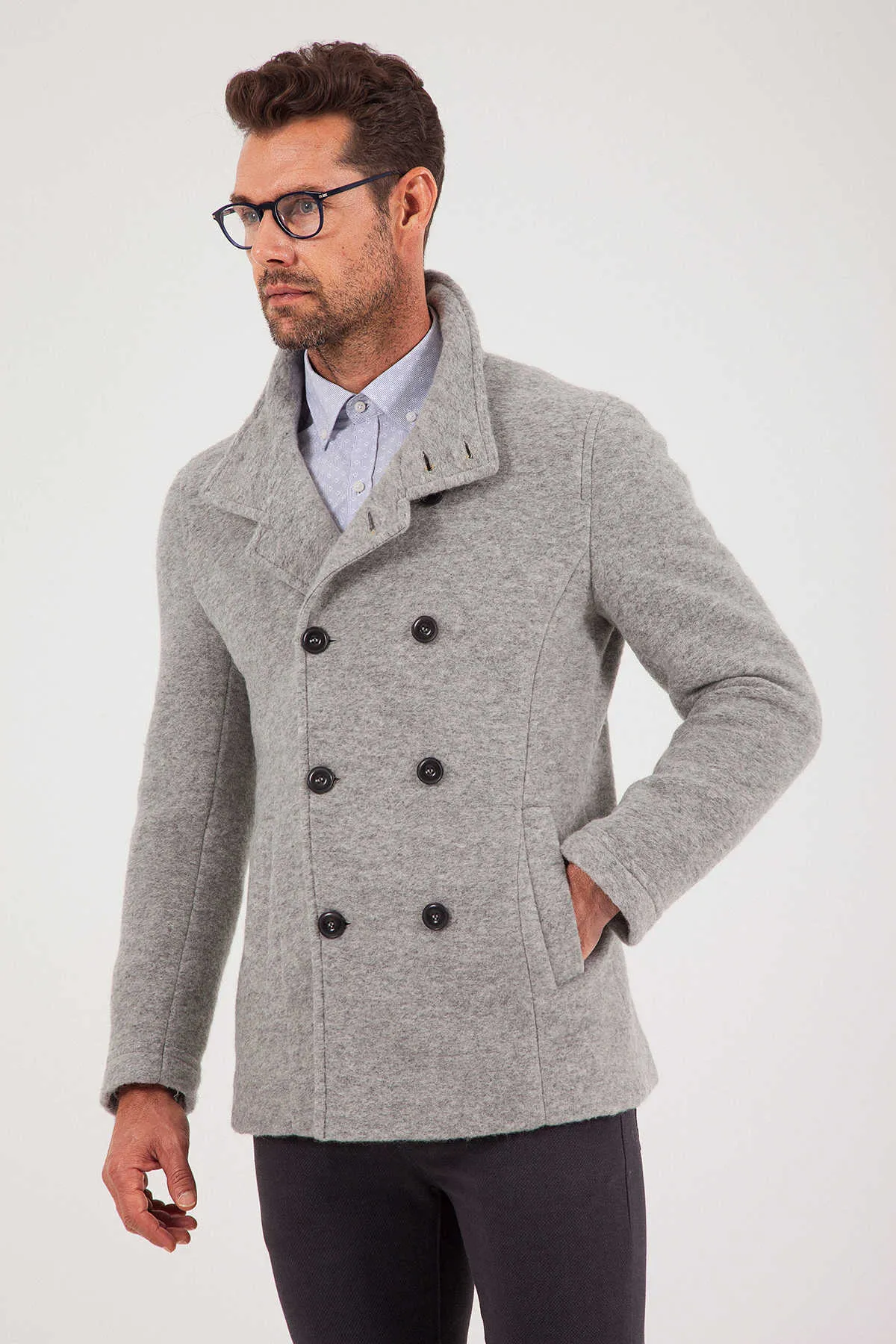 Slim Fit Notch Lapel Alpine Wool Gray Overcoat, Light Gray 7