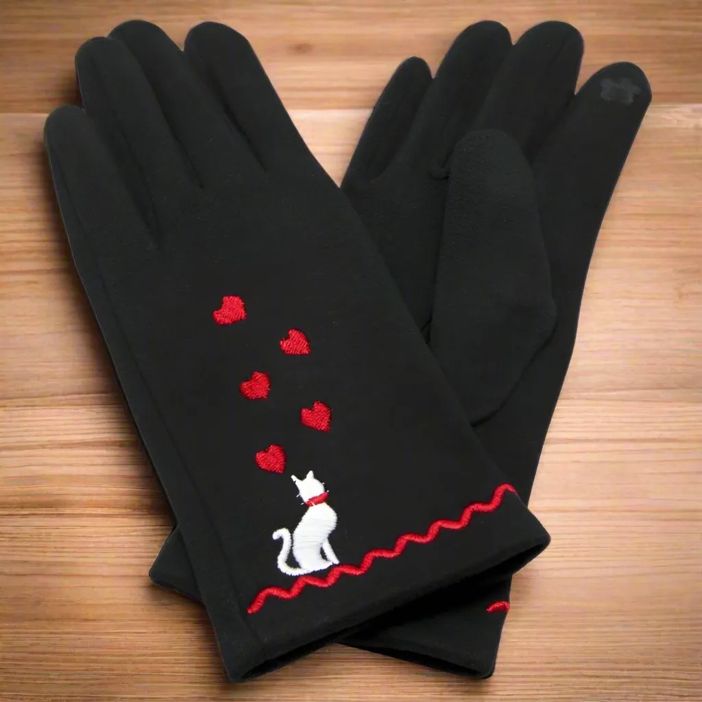 Soft Feel Set of Cat Design Black Ladies Gloves and Scarf - Gift Set for Her