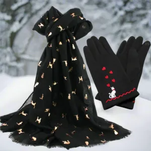 Soft Feel Set of Cat Design Black Ladies Gloves and Scarf - Gift Set for Her