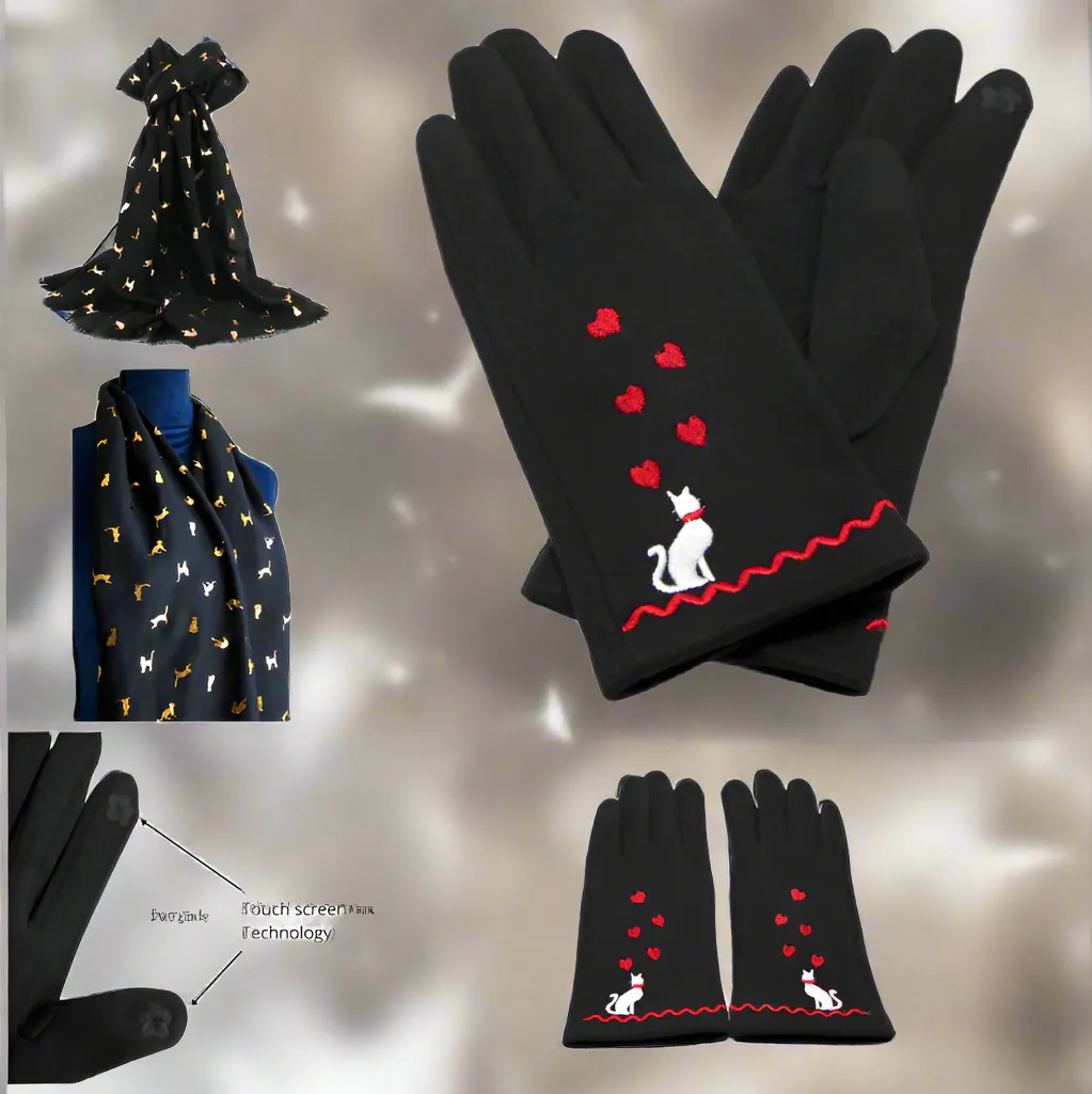 Soft Feel Set of Cat Design Black Ladies Gloves and Scarf - Gift Set for Her