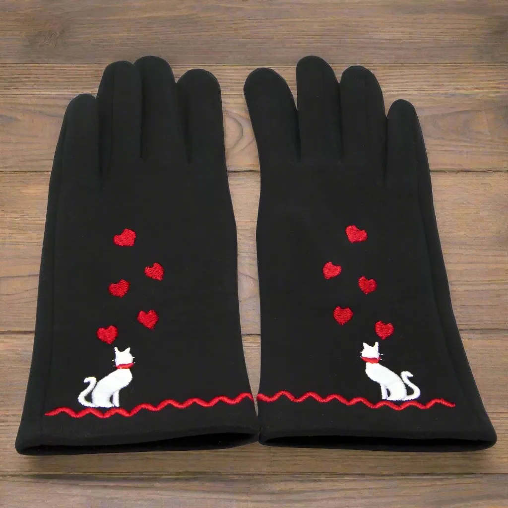 Soft Feel Set of Cat Design Black Ladies Gloves and Scarf - Gift Set for Her