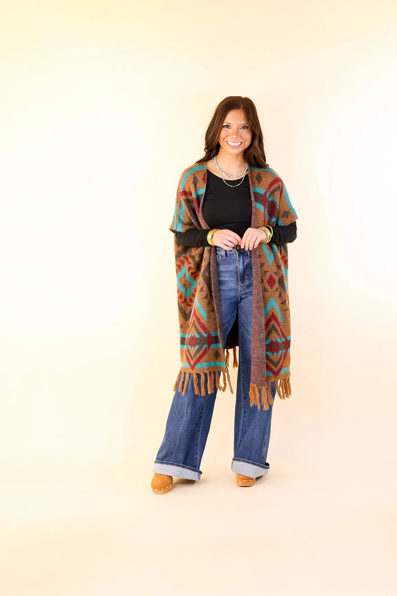 South Texas Sunset Aztec Print Wrap Poncho Vest in Turquoise and Camel