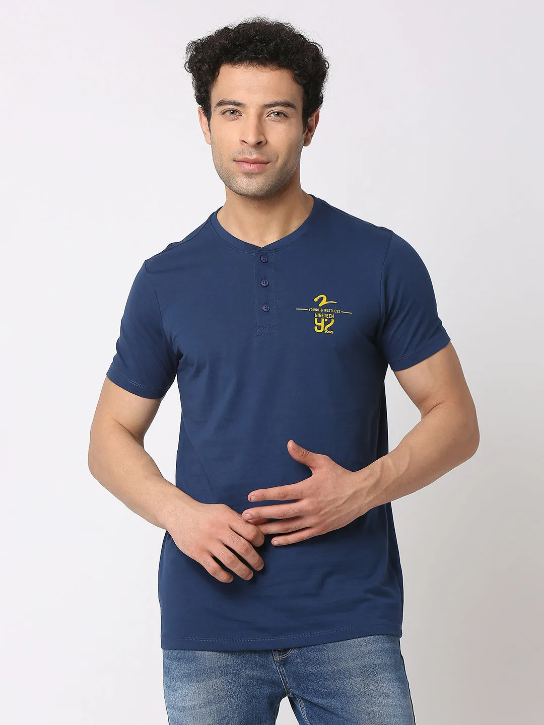 Spykar Men Indigo Blue Cotton Slim Fit Henley Neck Plain T-Shirt