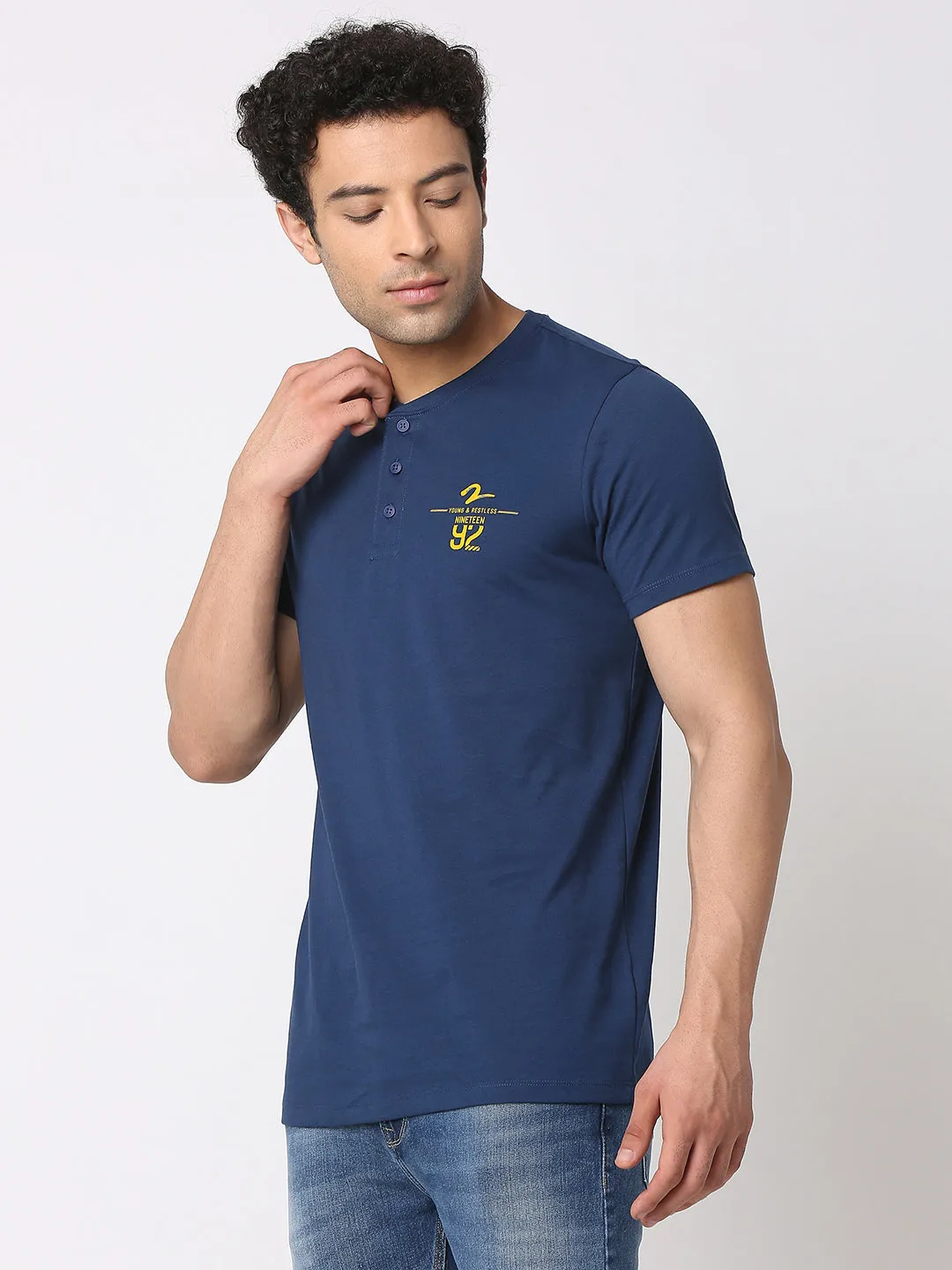 Spykar Men Indigo Blue Cotton Slim Fit Henley Neck Plain T-Shirt