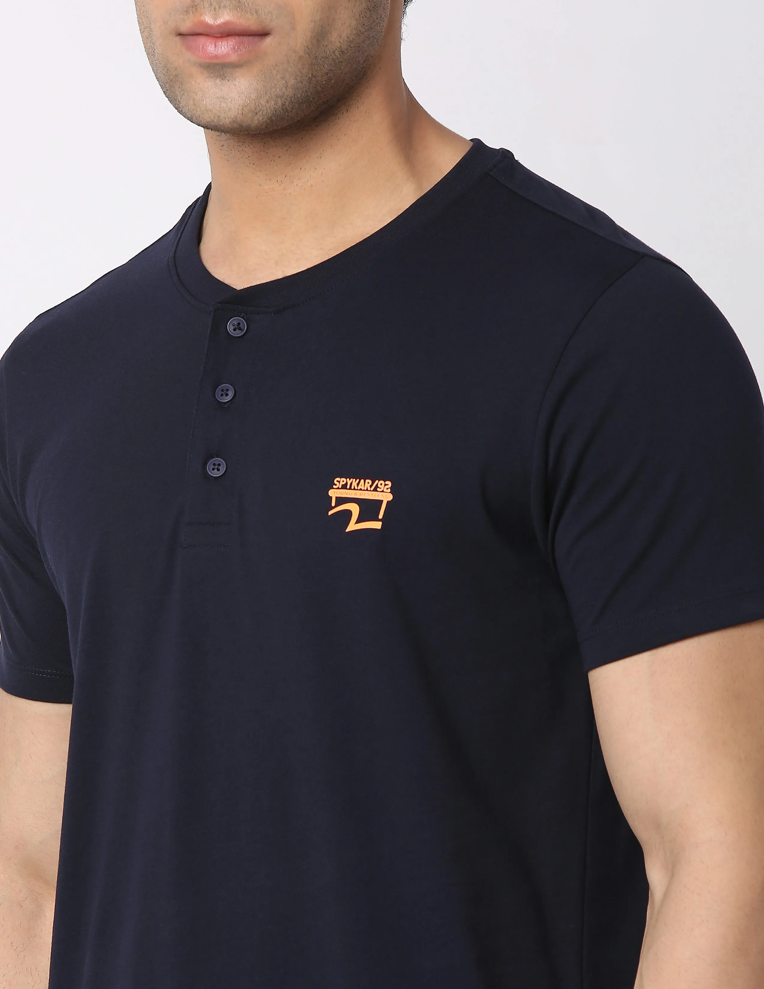 Spykar Men Navy Blue Cotton Slim Fit Henley Neck Plain T-Shirt