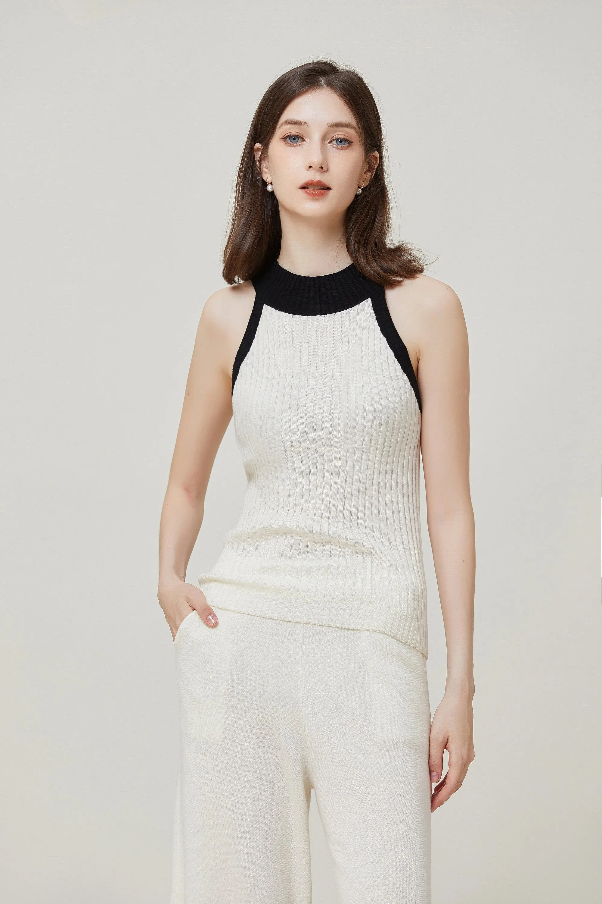 Sylphide | Contrast-Trim Wool Tank And Cardigan