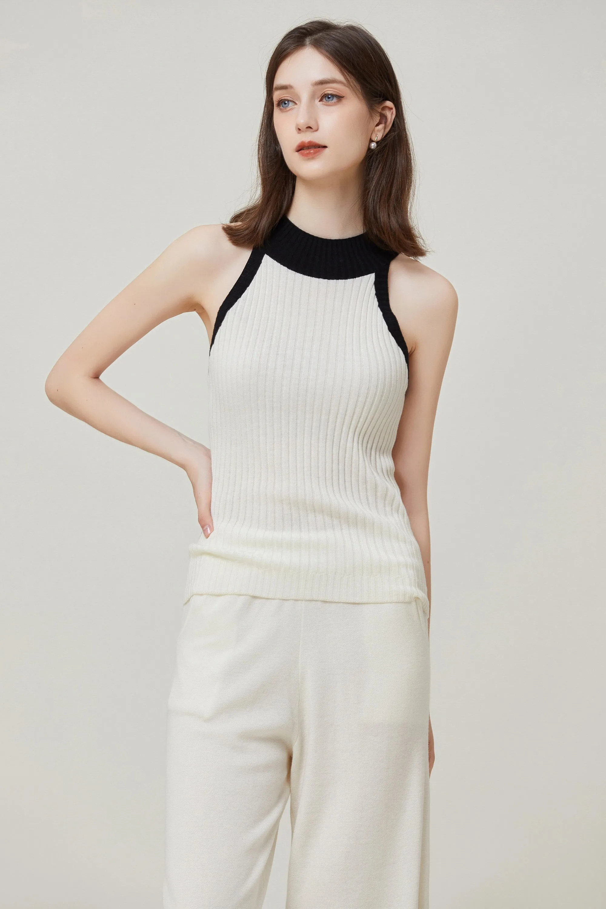 Sylphide | Contrast-Trim Wool Tank And Cardigan