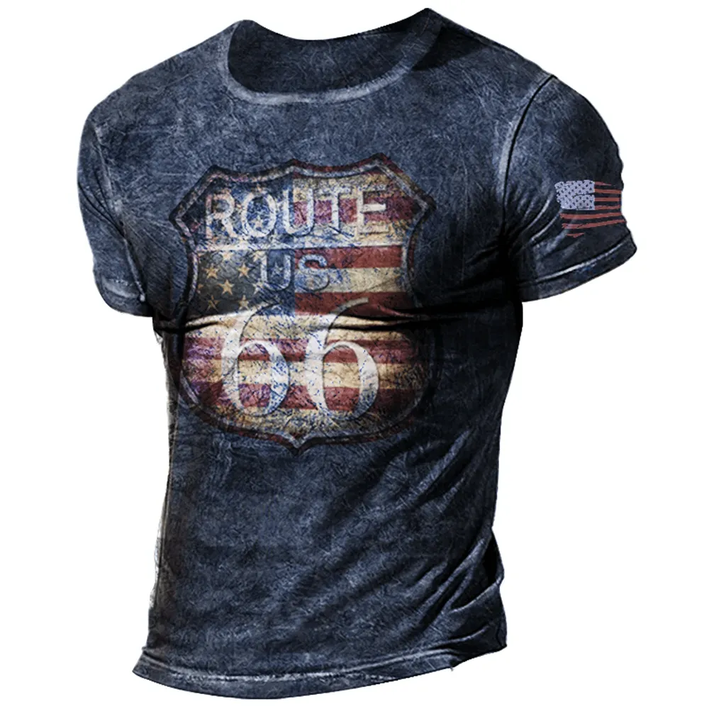 T-Shirt Men Vintage Print 3D American Route 66 Oversized plus size