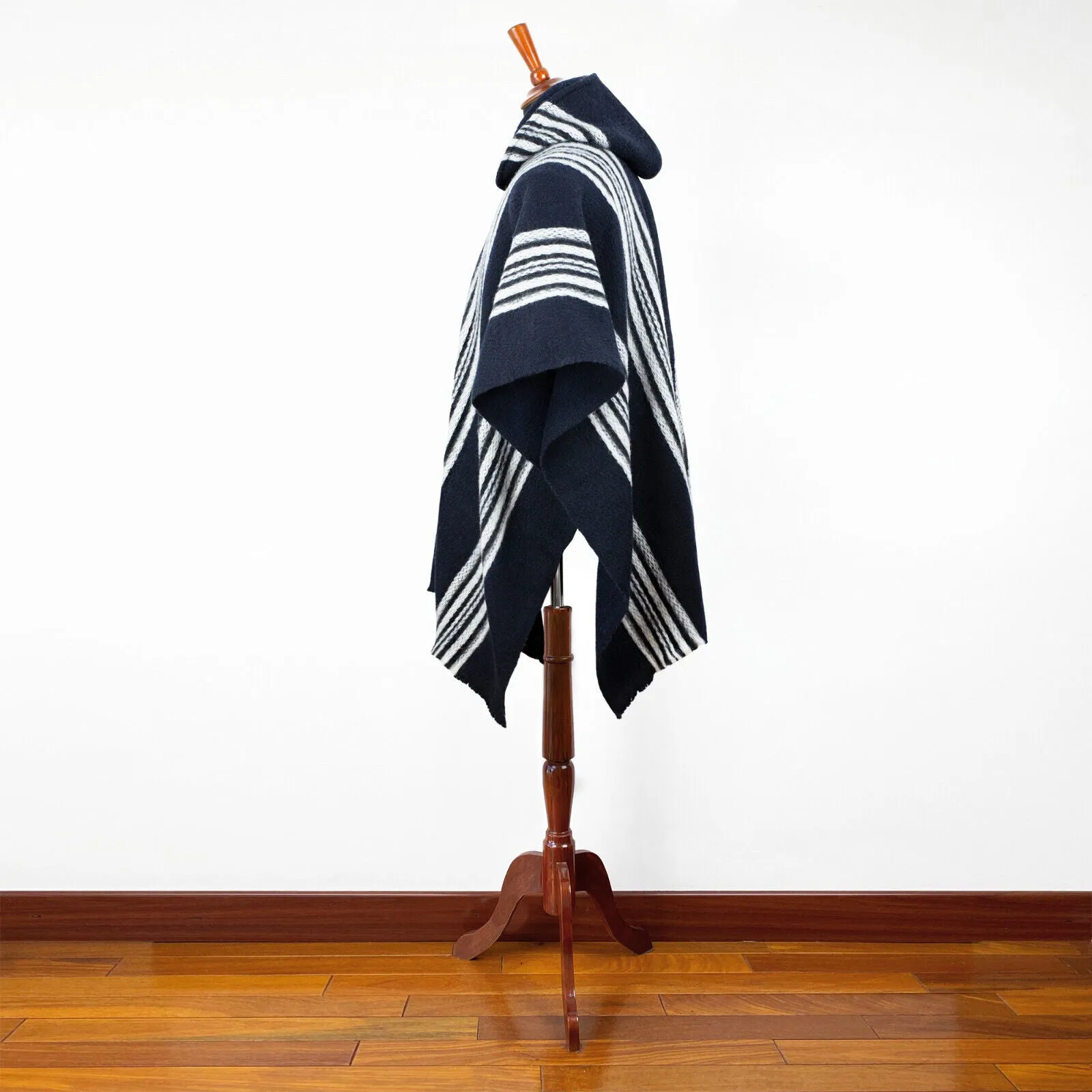 Tarume - Llama Wool Unisex South American Handwoven Hooded Poncho - midnight blue striped pattern