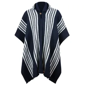 Tarume - Llama Wool Unisex South American Handwoven Hooded Poncho - midnight blue striped pattern