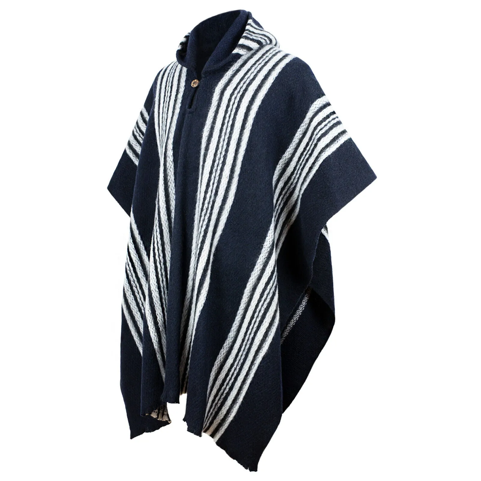 Tarume - Llama Wool Unisex South American Handwoven Hooded Poncho - midnight blue striped pattern