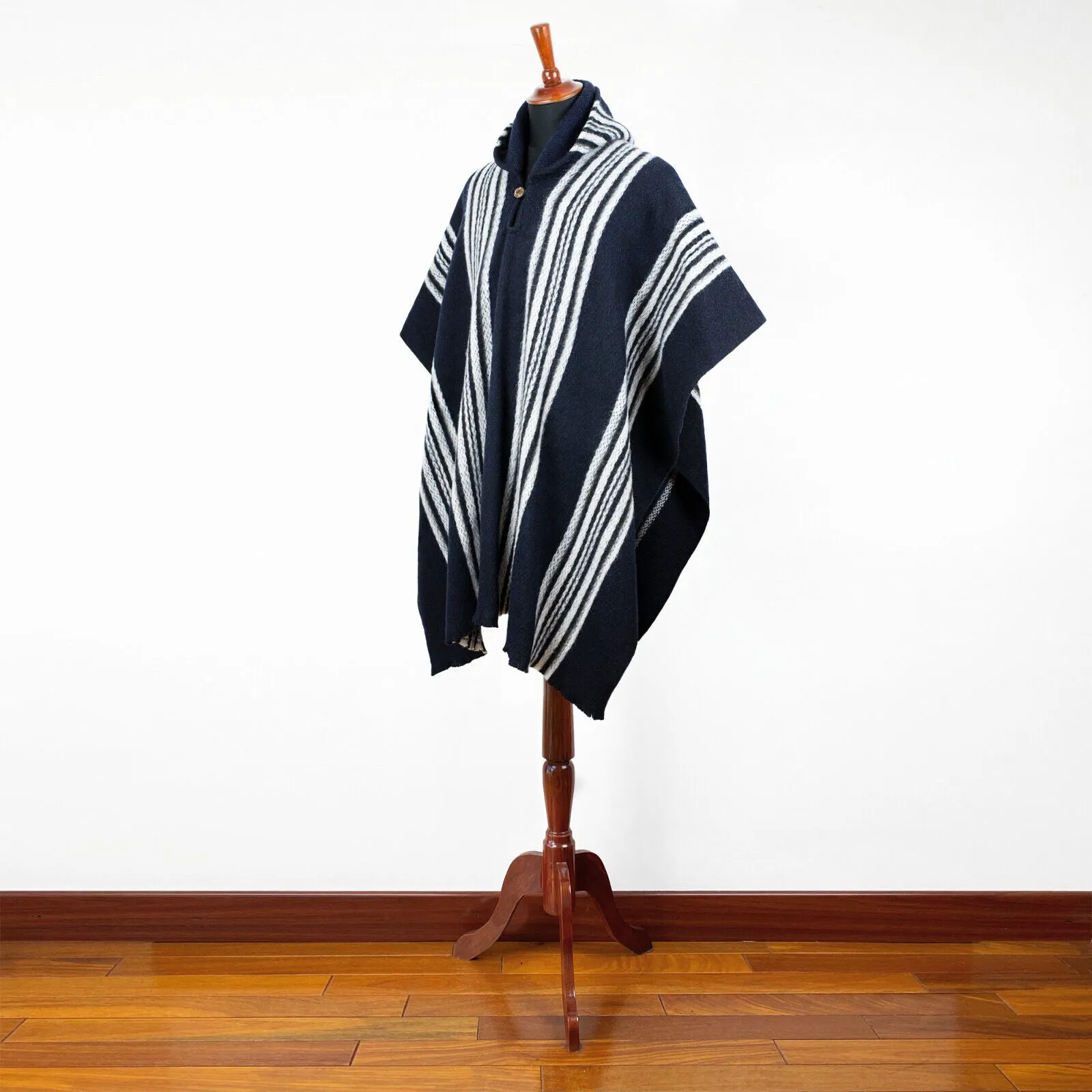 Tarume - Llama Wool Unisex South American Handwoven Hooded Poncho - midnight blue striped pattern