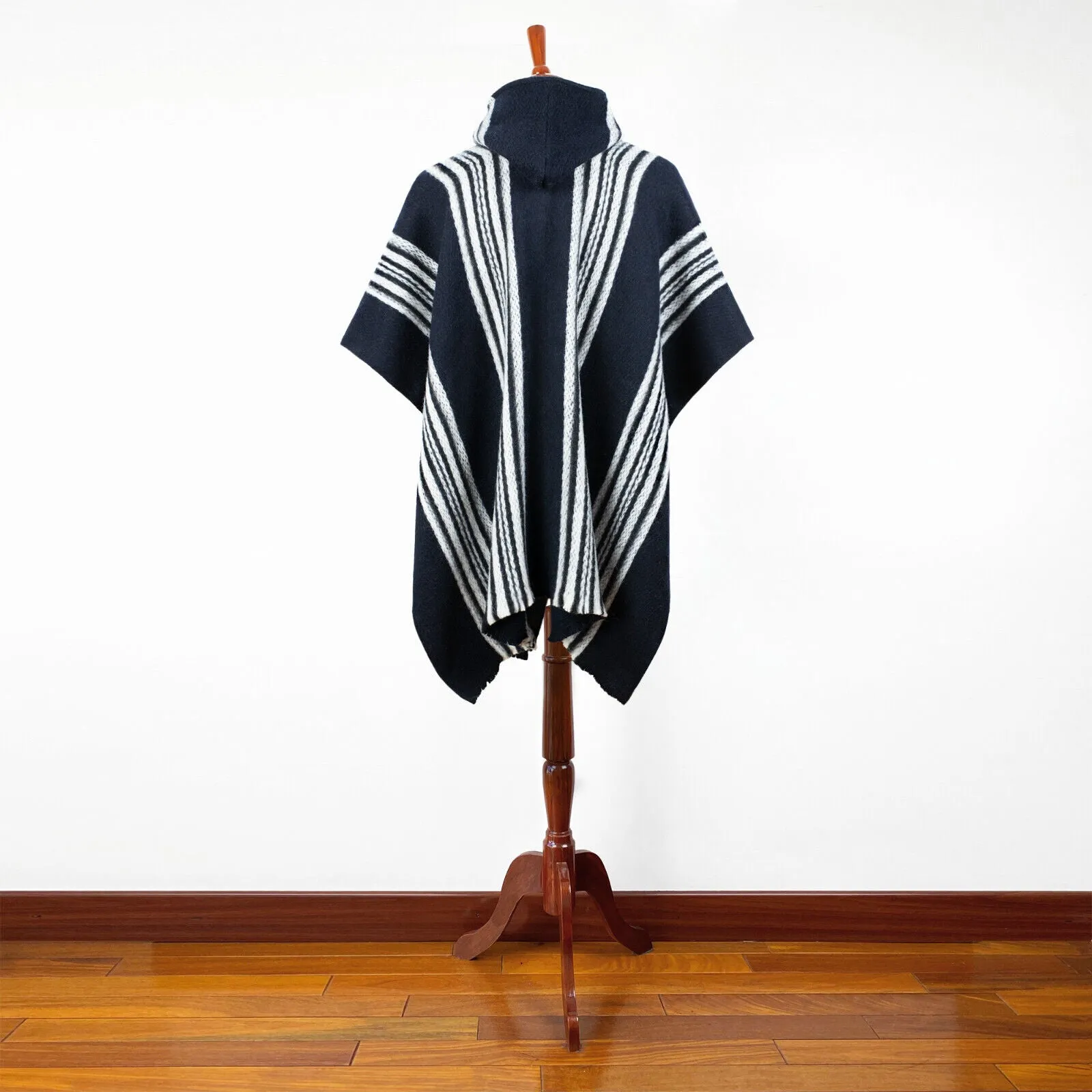 Tarume - Llama Wool Unisex South American Handwoven Hooded Poncho - midnight blue striped pattern