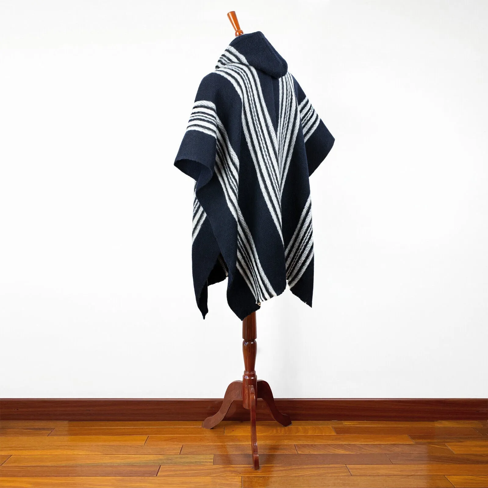 Tarume - Llama Wool Unisex South American Handwoven Hooded Poncho - midnight blue striped pattern