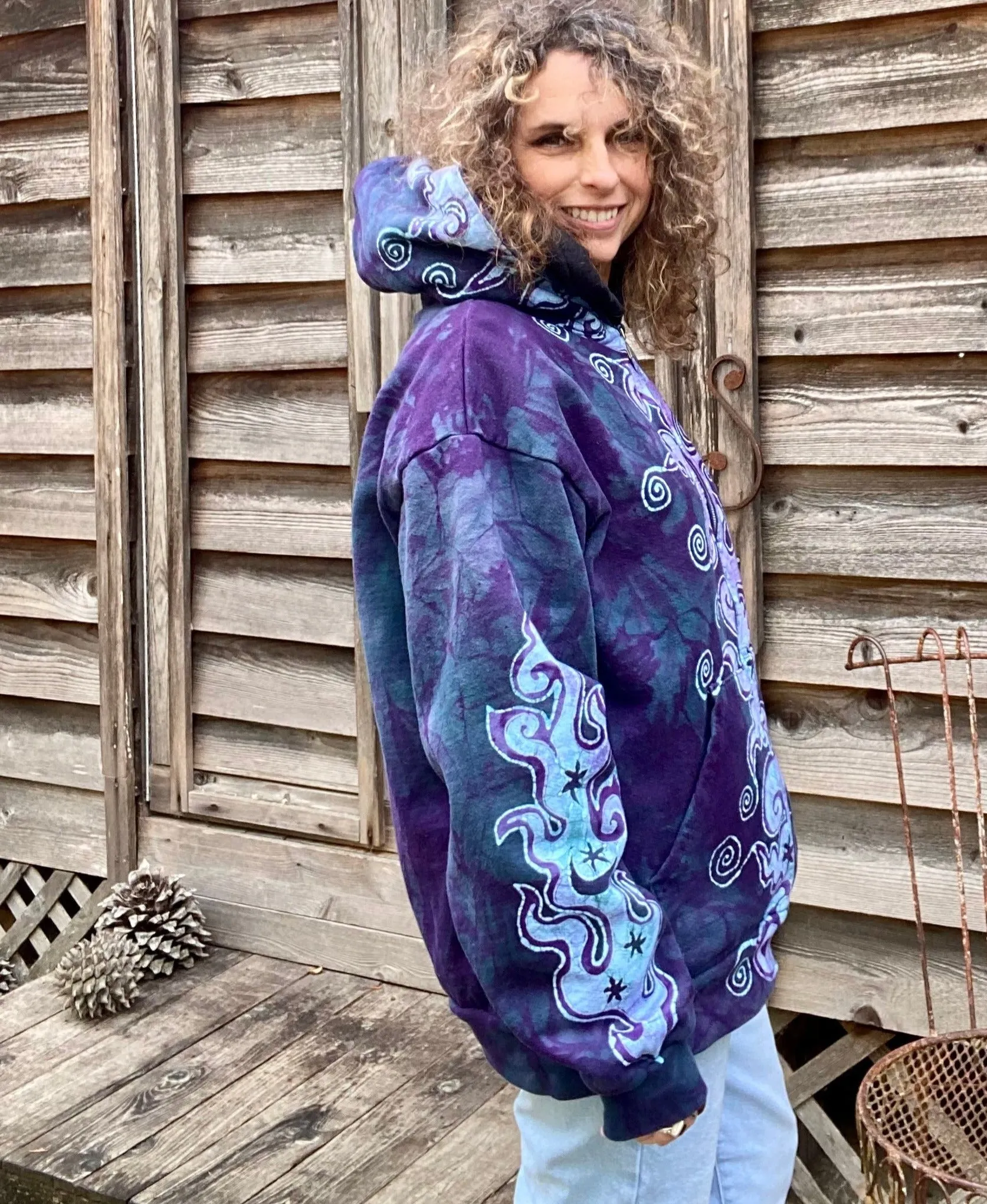 Teal and Purple Tuxedo Swirls with Stars Handcrafted Batik Zipper Hoodie - Large