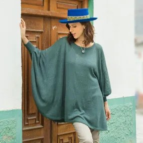 Teal Long-Sleeve Cotton Blend Knit Sweater Poncho from Peru - Valley Breeze | NOVICA