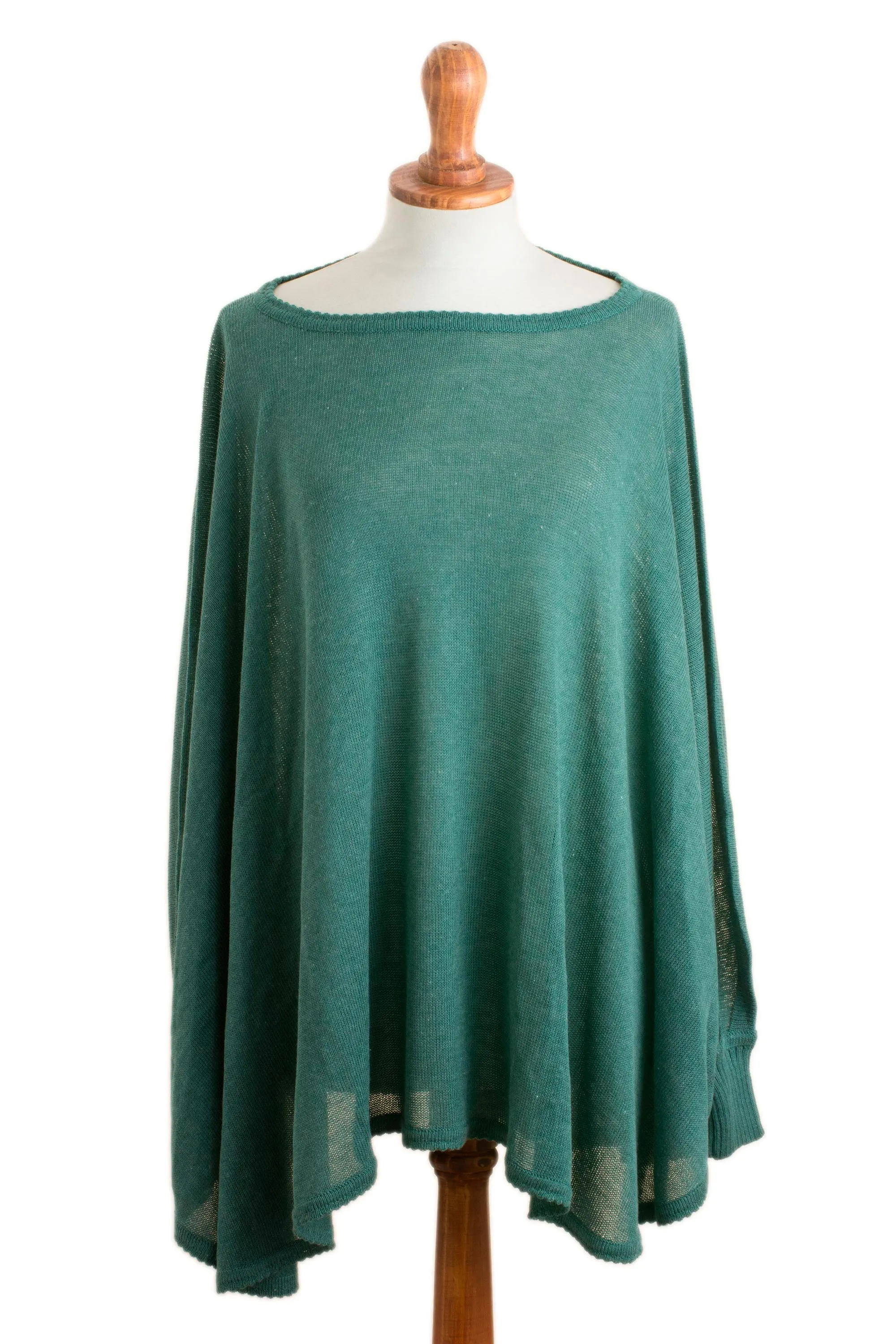 Teal Long-Sleeve Cotton Blend Knit Sweater Poncho from Peru - Valley Breeze | NOVICA