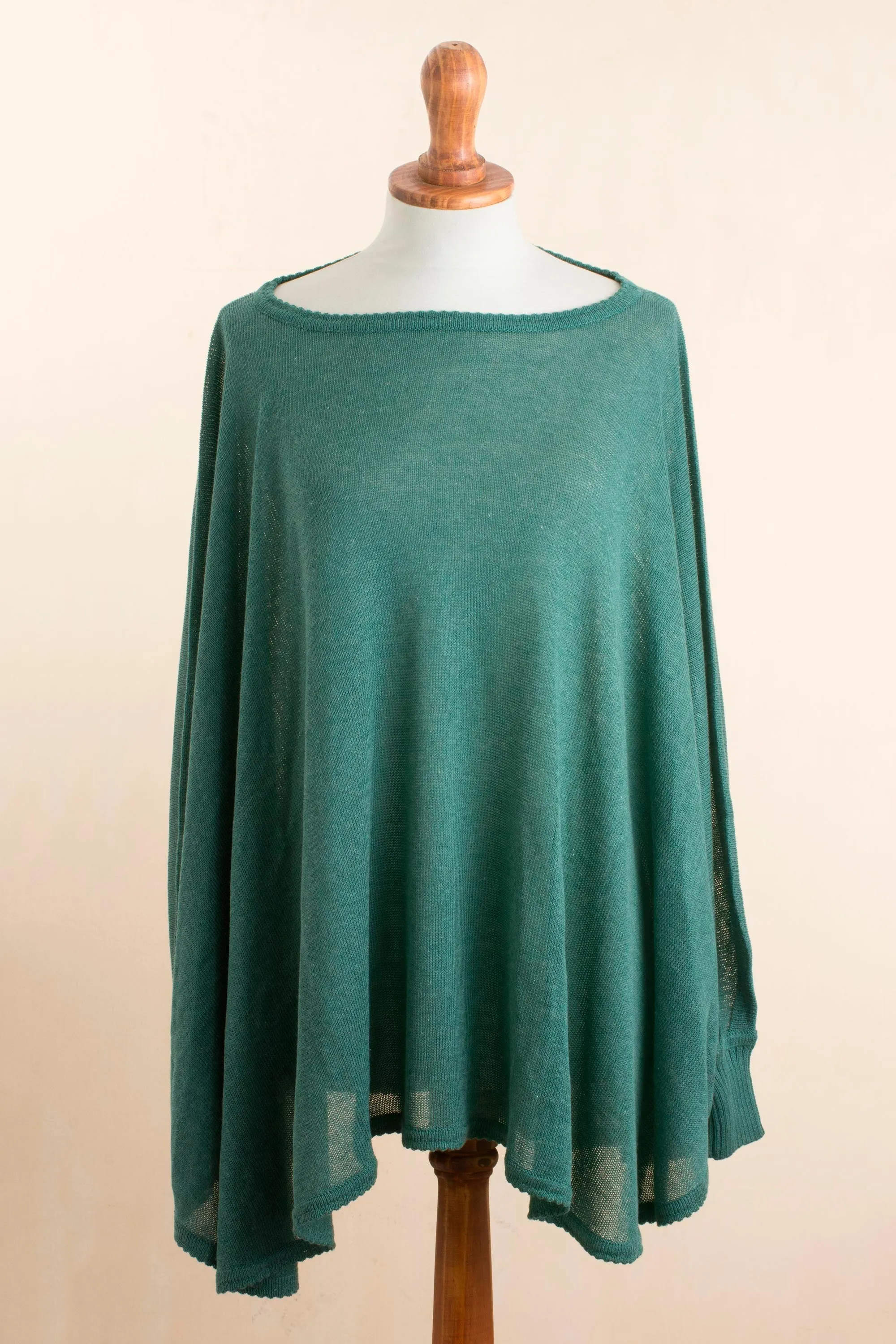 Teal Long-Sleeve Cotton Blend Knit Sweater Poncho from Peru - Valley Breeze | NOVICA