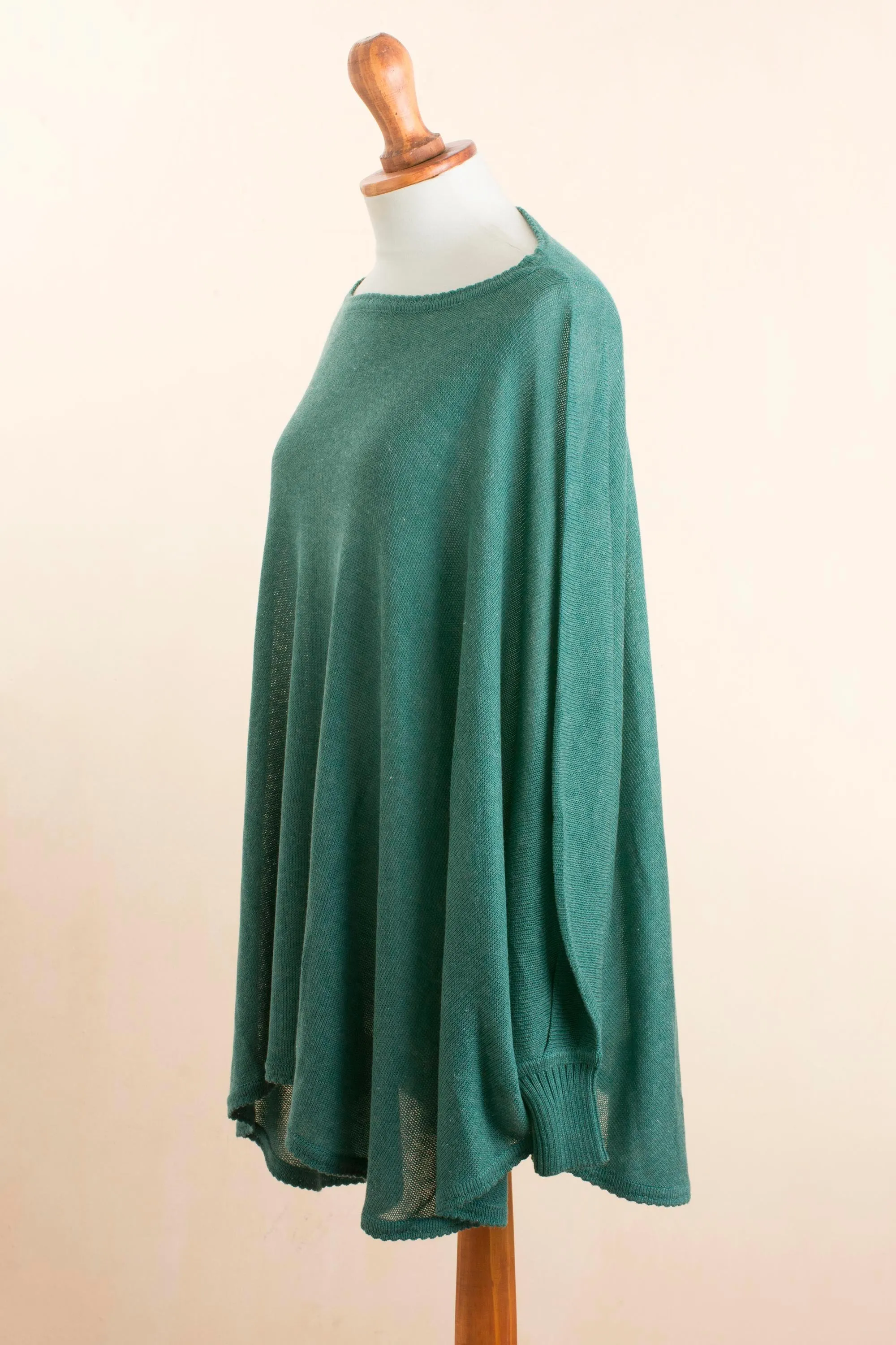 Teal Long-Sleeve Cotton Blend Knit Sweater Poncho from Peru - Valley Breeze | NOVICA