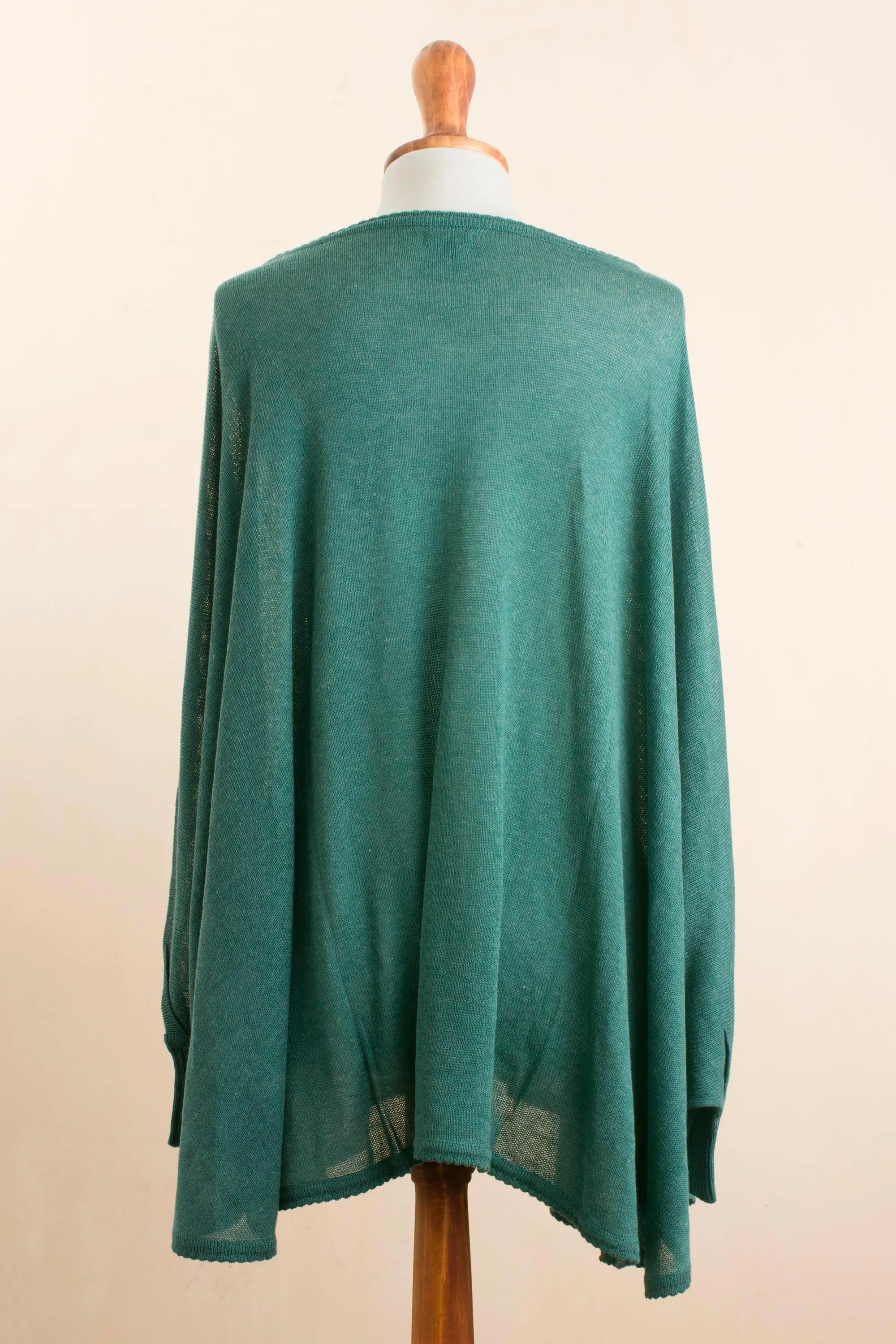 Teal Long-Sleeve Cotton Blend Knit Sweater Poncho from Peru - Valley Breeze | NOVICA