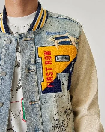 TEEK - Hand Drawing Leather Sleeves Denim Varsity Jacket