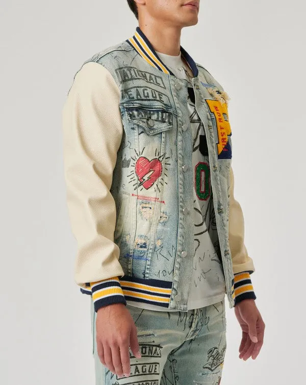 TEEK - Hand Drawing Leather Sleeves Denim Varsity Jacket