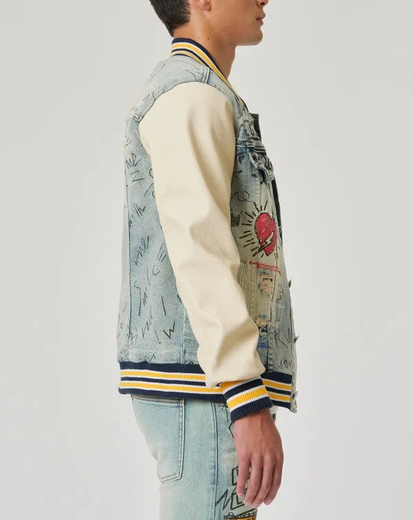 TEEK - Hand Drawing Leather Sleeves Denim Varsity Jacket