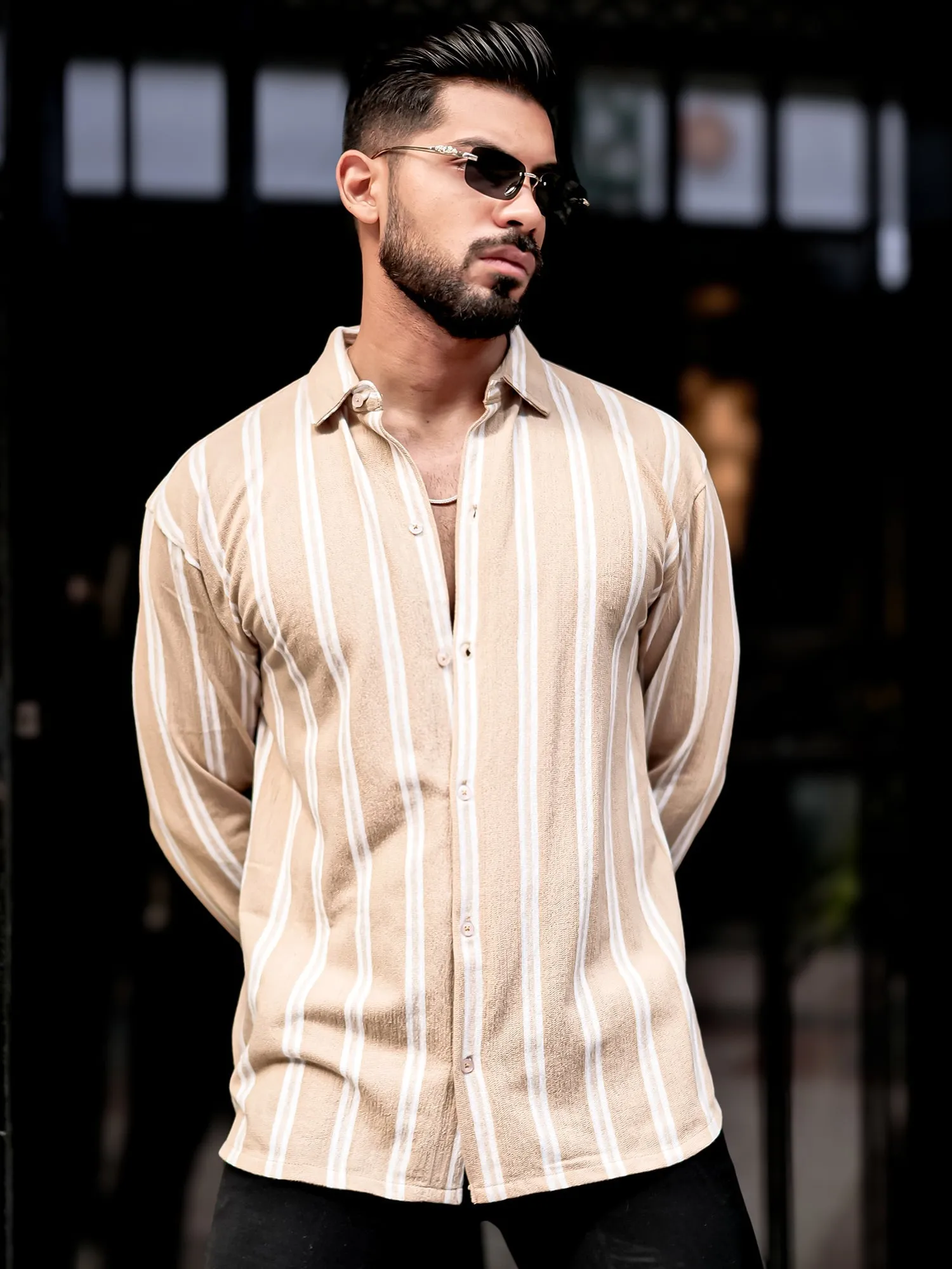 Terry Vertical Stripes Beige Shirt