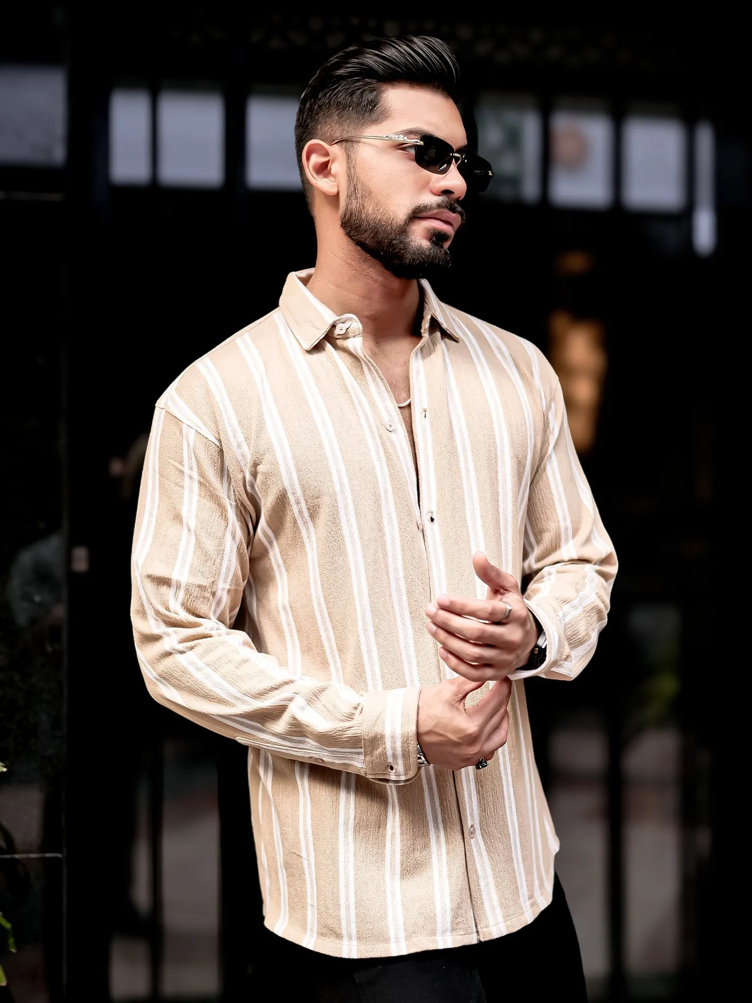 Terry Vertical Stripes Beige Shirt