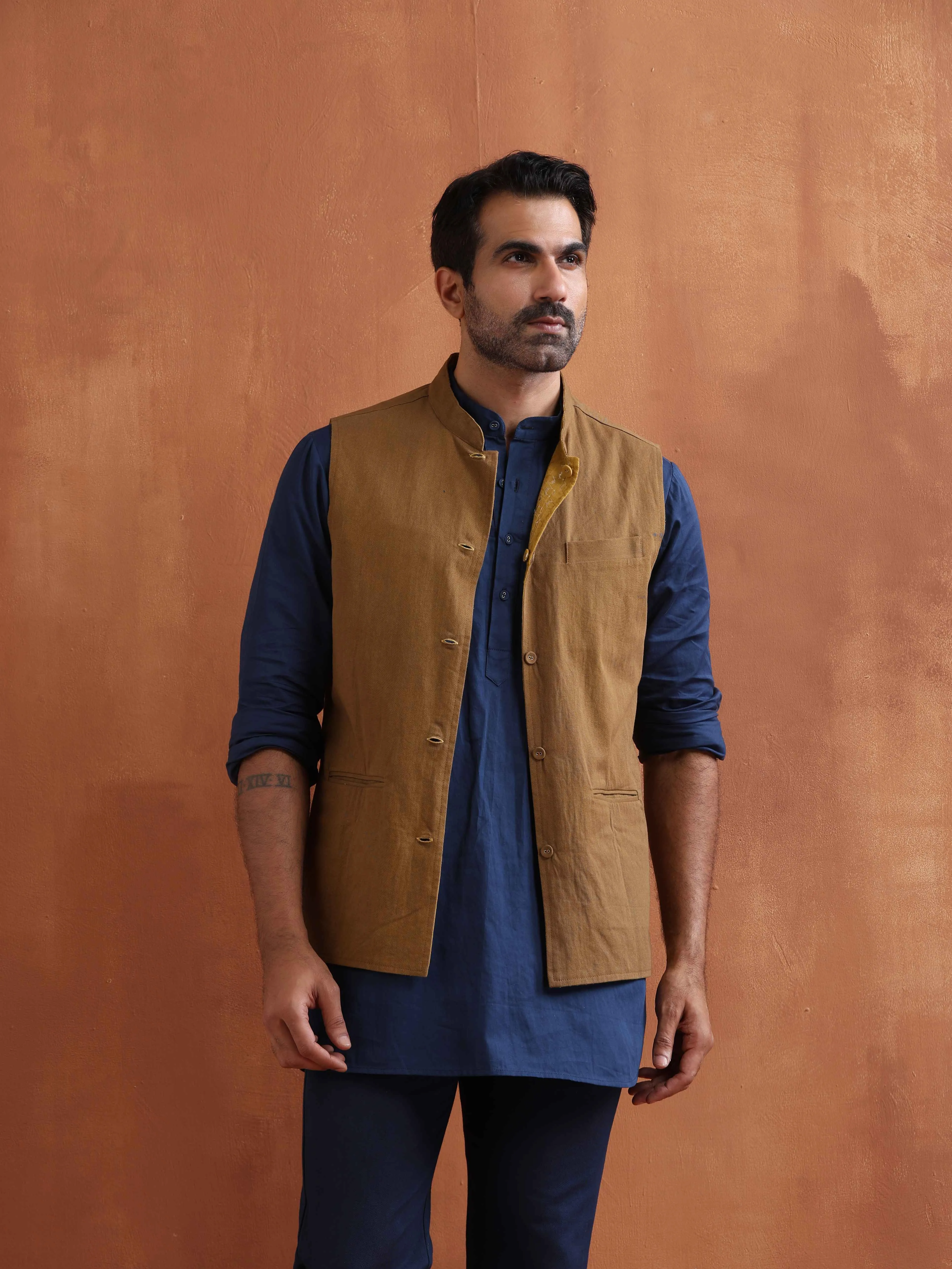 trueBrowns Men's Mustard Cotton Dobby Reversible Nehru Jacket