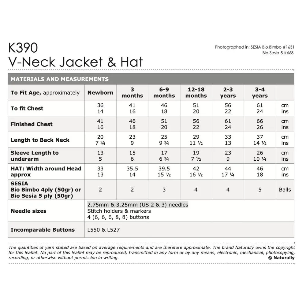 V-Neck Jacket & Hat Knitting Pattern (K390)