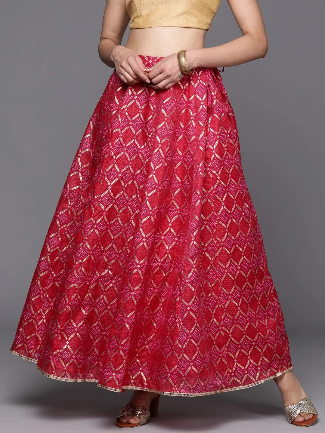 Varanga Women Pink Bhandhani Printed Kalidar Skirt Embellished With Sequin Border