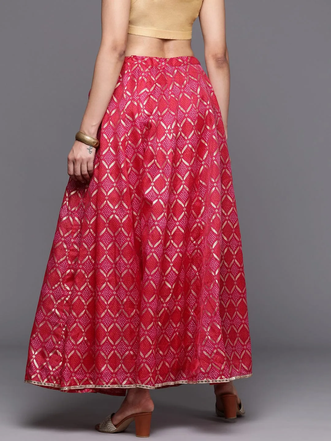 Varanga Women Pink Bhandhani Printed Kalidar Skirt Embellished With Sequin Border