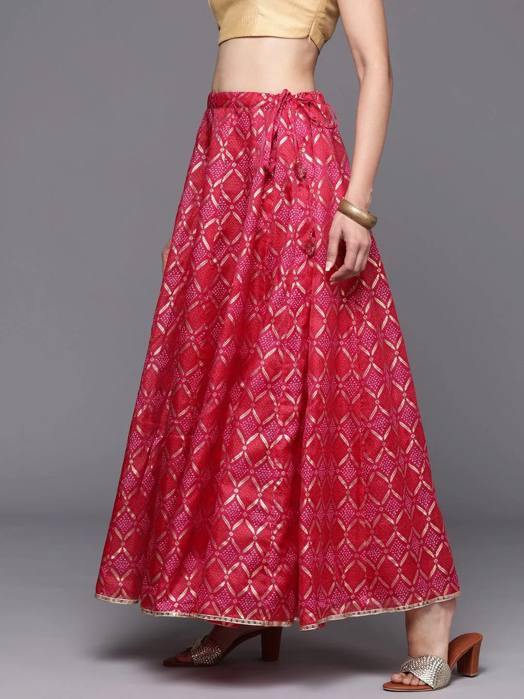 Varanga Women Pink Bhandhani Printed Kalidar Skirt Embellished With Sequin Border