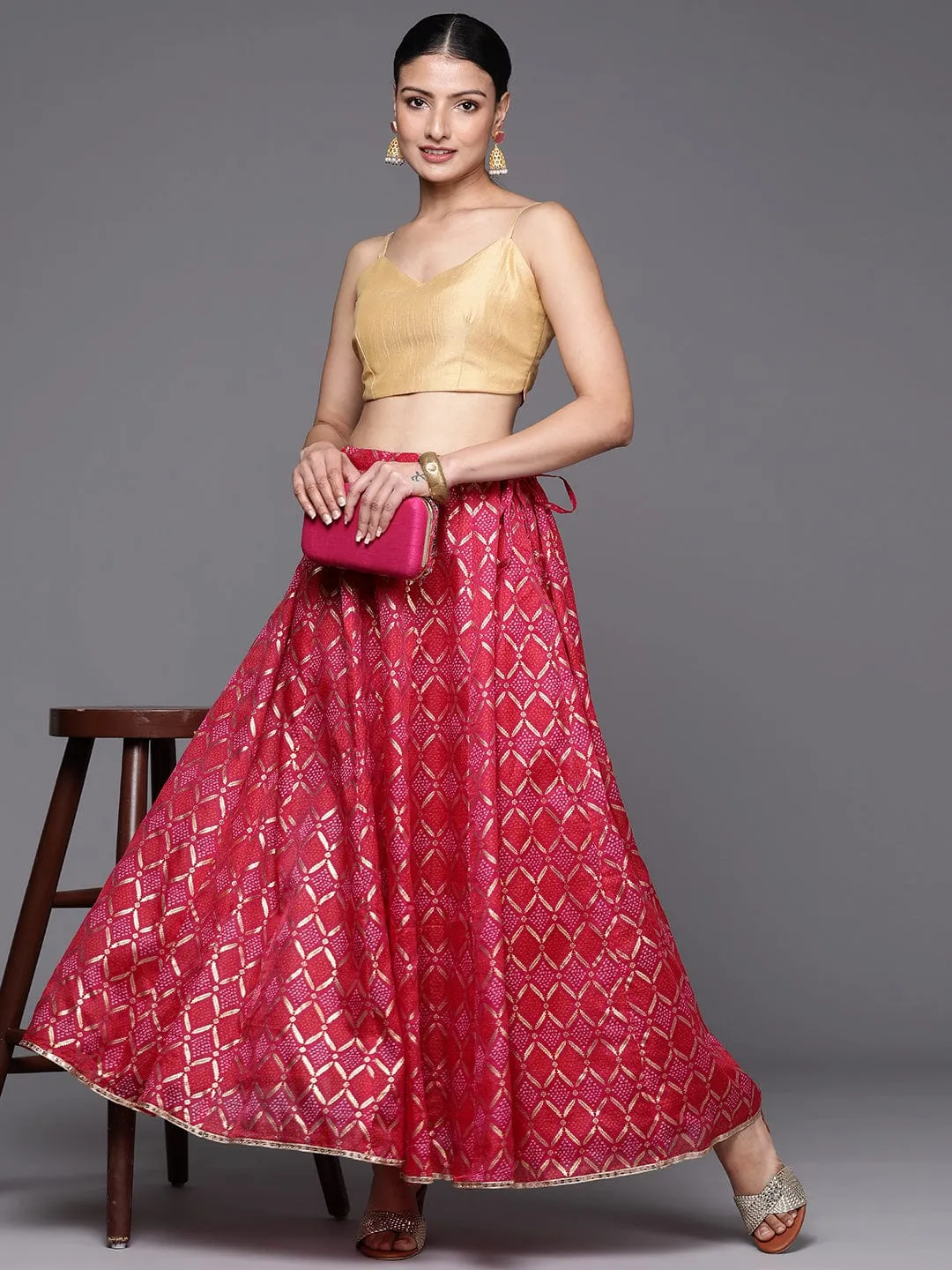 Varanga Women Pink Bhandhani Printed Kalidar Skirt Embellished With Sequin Border