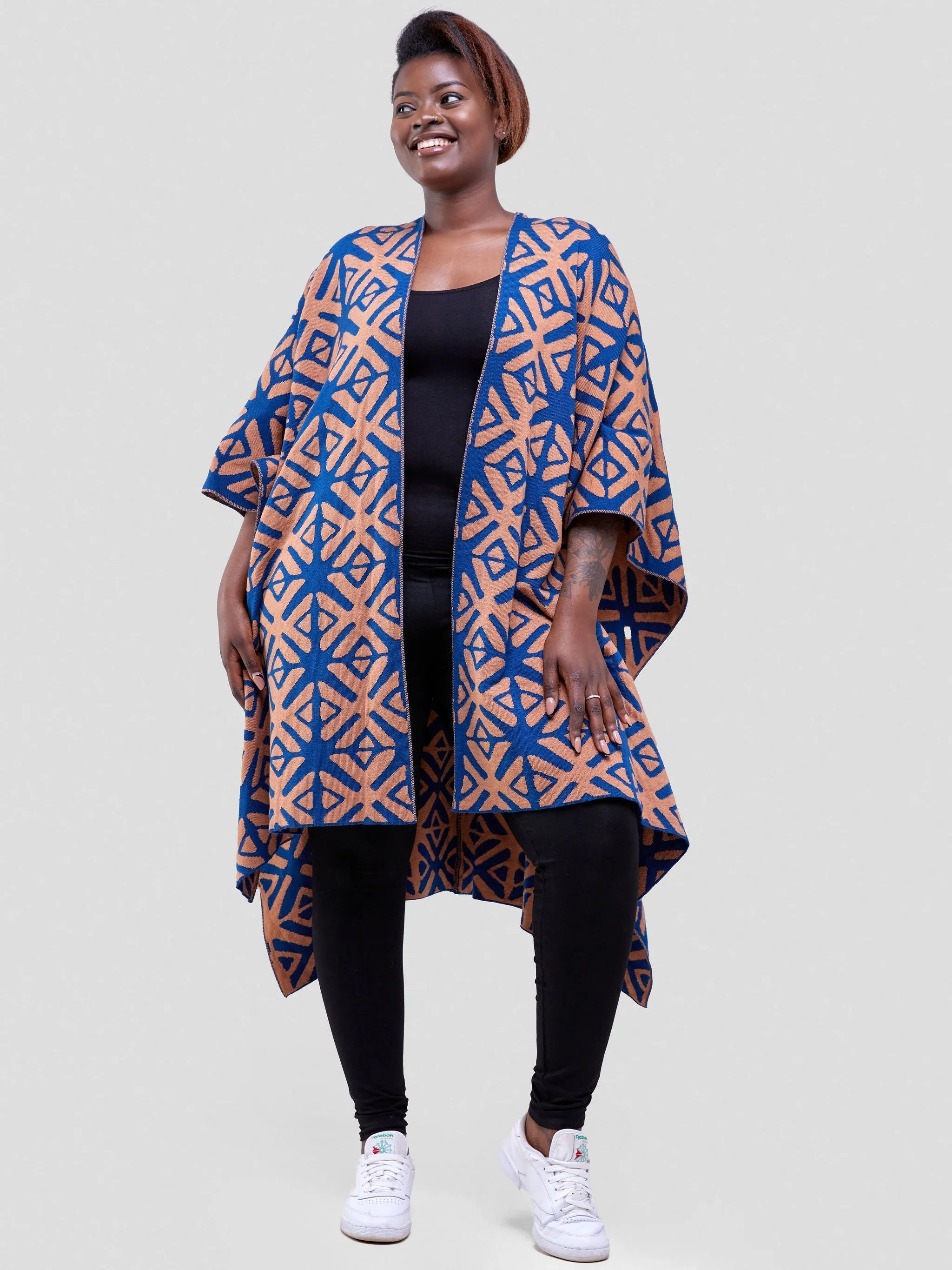 Vivo Reversible Poncho without Fringes- Classic Blue / Caramel Heshi Print