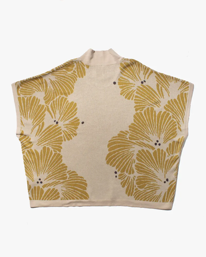 Wa-Modern Poncho Sweater, Cream with Yellow Ginkgo Leaves