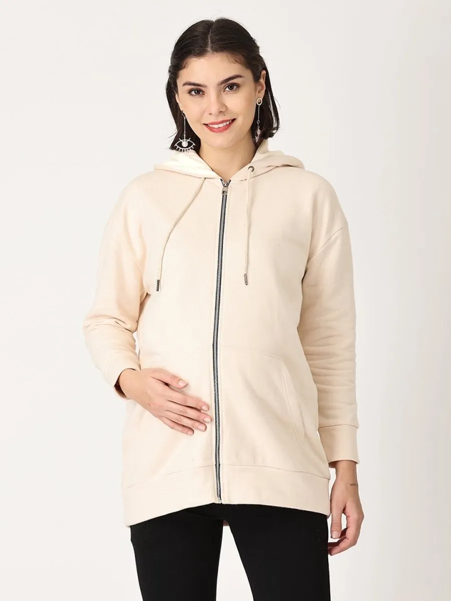 Whispering Cream Oversized Maternity Zipper Hoodie