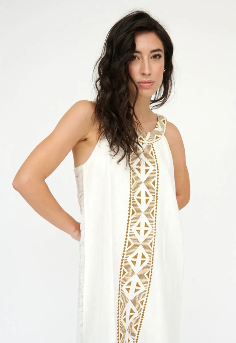 White Linen Dress with Aztec Print