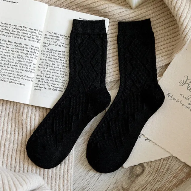 Winter Cashmere Wool Woman Socks Solid Retro Long Socks Crew Sock