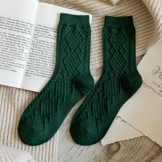 Winter Cashmere Wool Woman Socks Solid Retro Long Socks Crew Sock